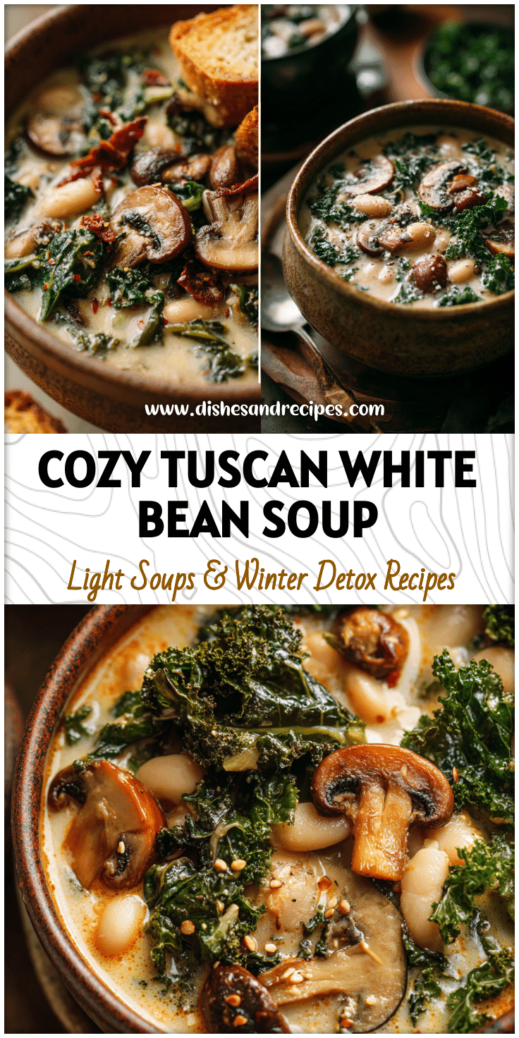 Bowl of Creamy Tuscan White Bean And Kale Soup with mushrooms and kale in a rustic vegan soup setting
